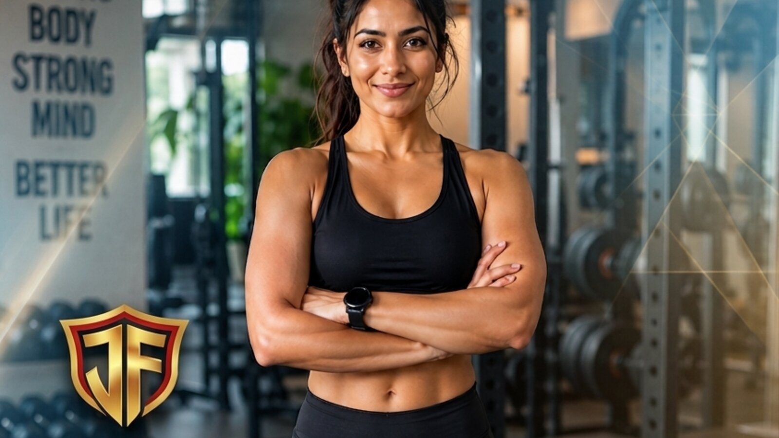 Coach Jerin standing confidently in a modern gym, arms crossed, in front of a Strong Body Strong Mind Better Life wall graphic